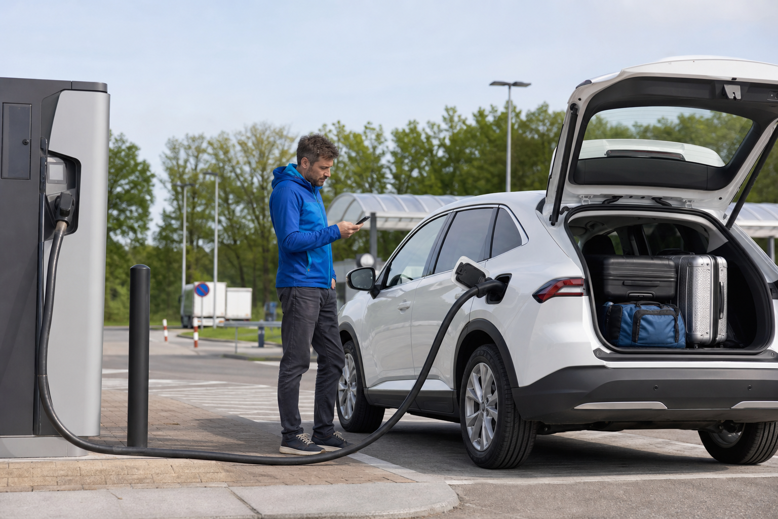 Vakantieganger controleert zijn route terwijl een witte elektrische auto bij een snellader staat