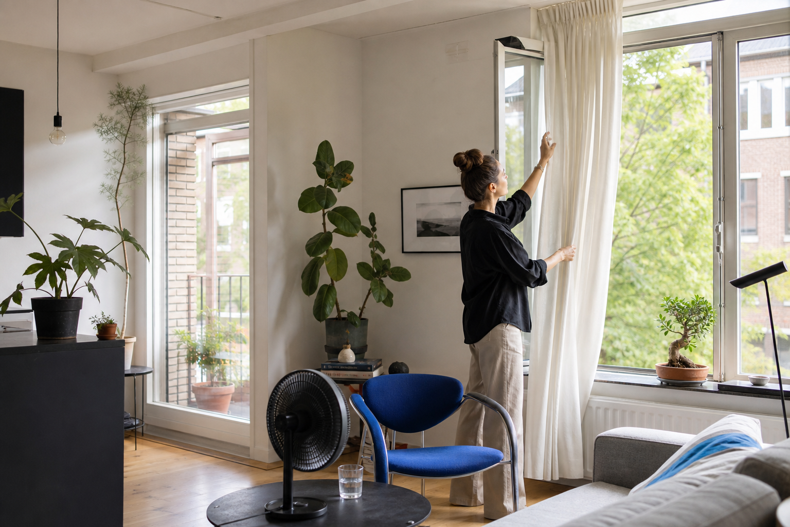 Bewoner schuift een licht gordijn bij een open raam in een helder appartement met ventilator