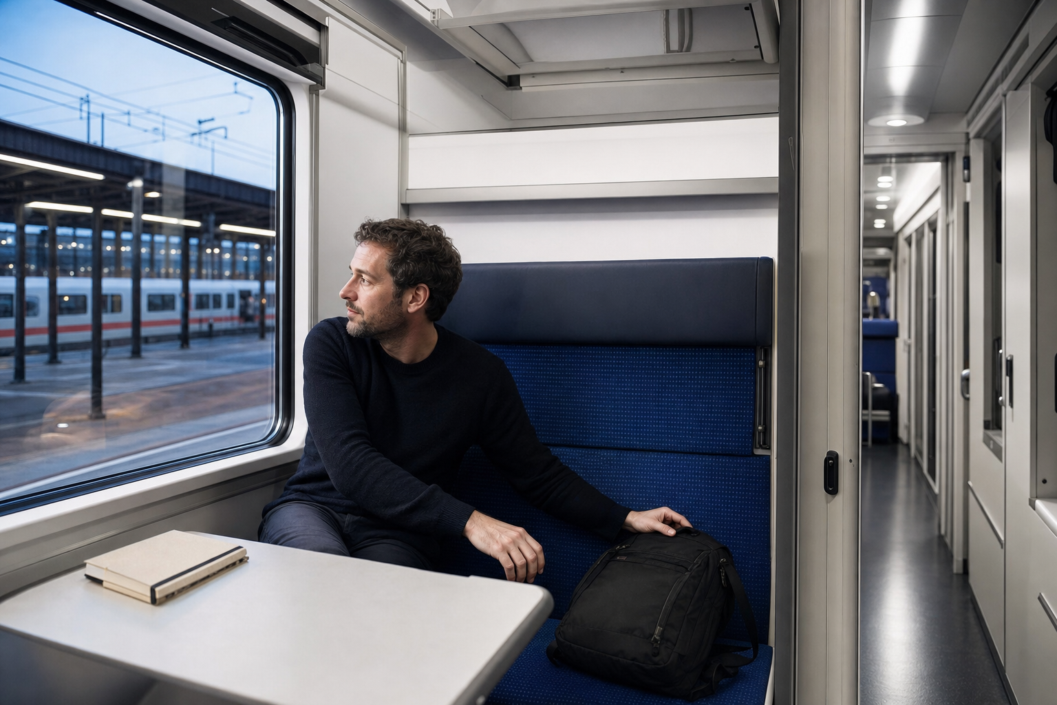 Reiziger met rugzak zit bij het raam in een moderne Europese nachttrein